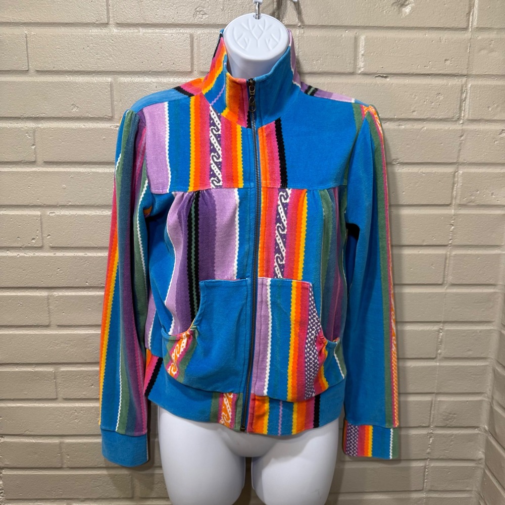Farm Rio Terry Track Jacket Rainbow Stripe S/M Eclectic Boho Dopamine Indie